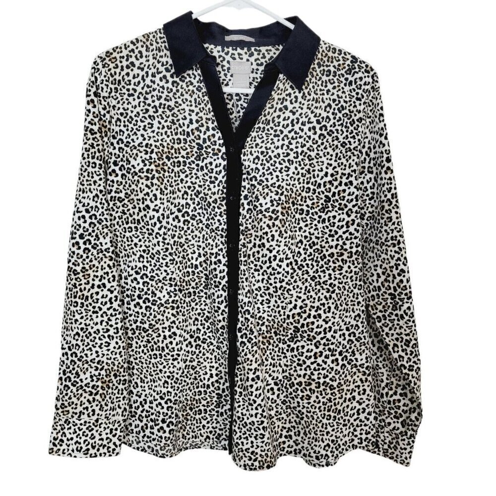 Chico's No Iron Cotton Leopard Print Caroline Shirt Sz 1 Med 8/10 Button Up NEW